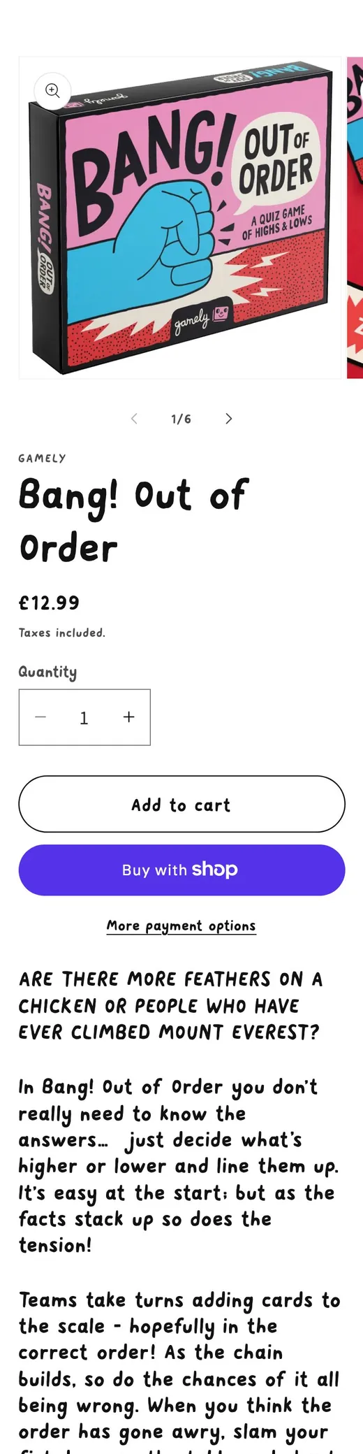 The top of a store's own party game product page on a phone