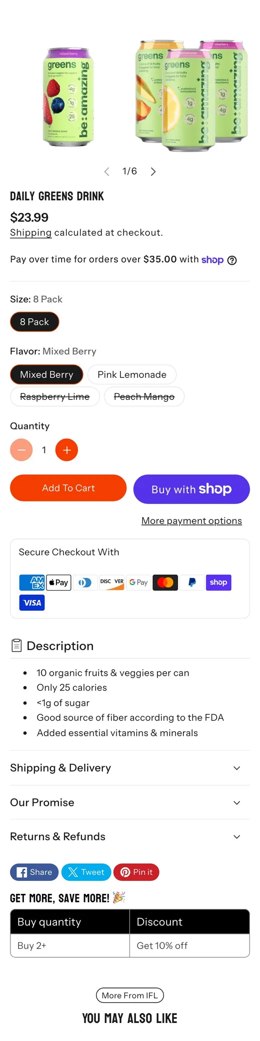 The top of a store's own greens drink product page on a phone