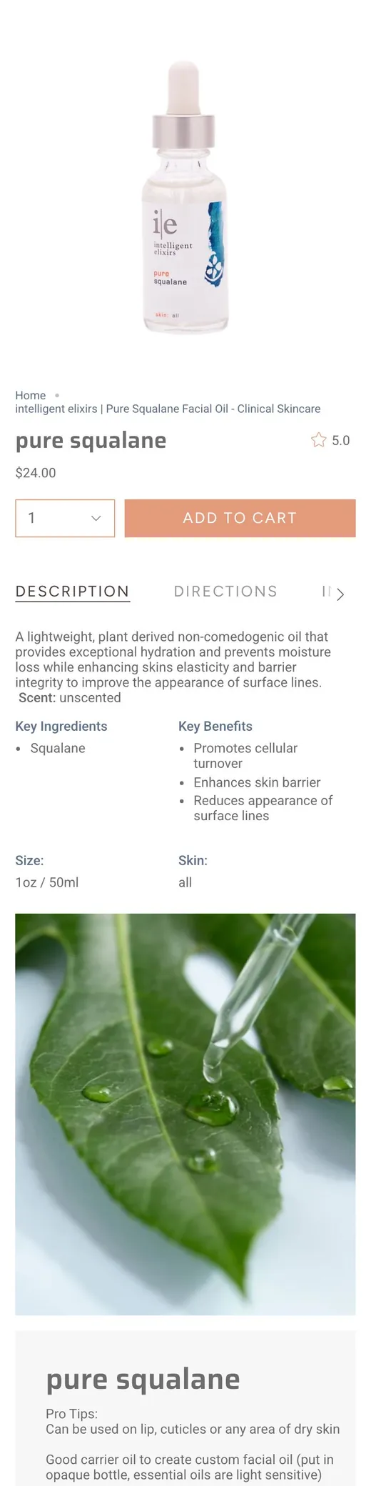 The top of a store's own face oil product page on a phone