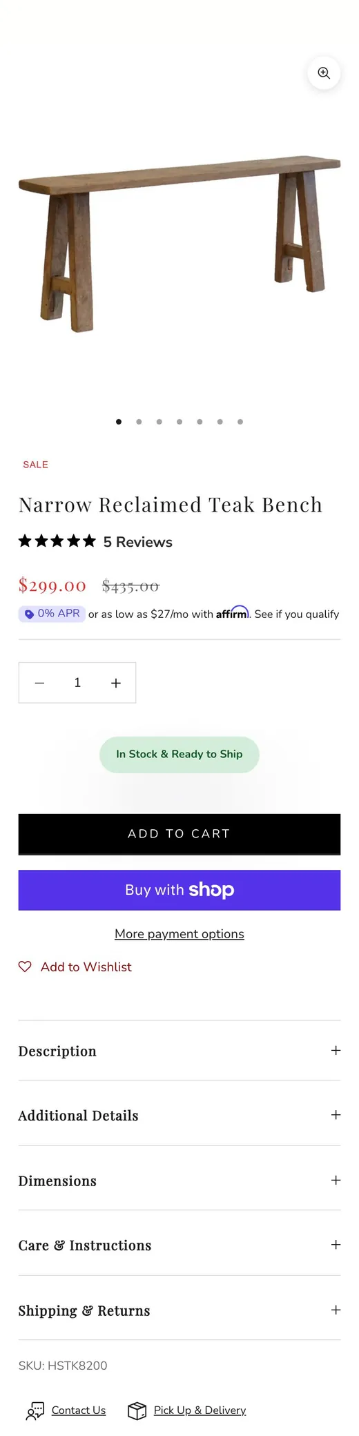 The top of a store's own teak bench product page on a phone